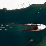 Aerial view of kayakers and zodiac boat inspecting a shallow shipwreck off the snow covered coast in Antarctic bay. Antarctic holiday Antarctic cruise expedition