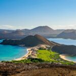 View of island landscape of Galapagos Isles. Mountain ranges and ocean topography. Travel Galapagos Islands