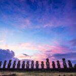 Moai Statues in front of blue and purple sky in Easter Island. Cruise Easter Island