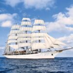 Sailing cruise ship in Atlantic Ocean