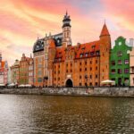 Colorful buildings line the sea edge in Gdansk - Poland. Baltic sea cruise