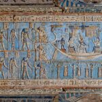 Egyptian hieroglyphics with blue background and faded gold and brown insignia. The Nile River Cruise
